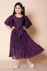 Girls' silk maxi/full length festive/wedding dress (SIZE 6-10 years), three-quarter sleeve, printed net pattern on display
